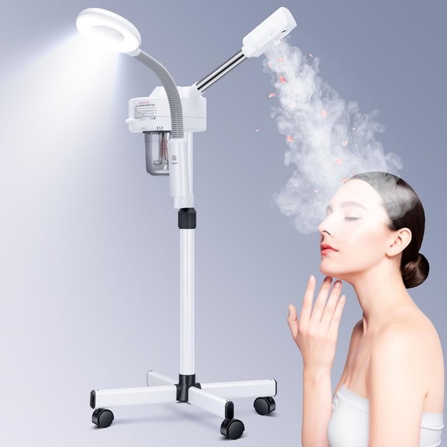 2 IN 1 Nano Ionic Facial Steamer 5X Magnifying 66 LED Lamp UV Water Purification 360° Nozzle Salon Skin Care Steaming Machine
