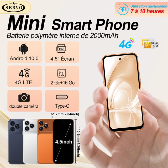 SERVO Smartphone Mini Android 10 4G LTE Écran HD 4,5" 2 Go + 16 Go Double SIM en veille GPS WiFi Déverrouillage par reconnaissance faciale Petit téléphone portable compact