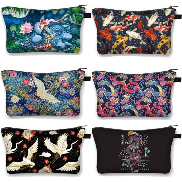 Japanese Koi Fish Crane Asian Dragon Cosmetic Case Harajuku Women Makeup Bags Girls Beauty Bag Hip Hop Cosmetic Toiletries Bag