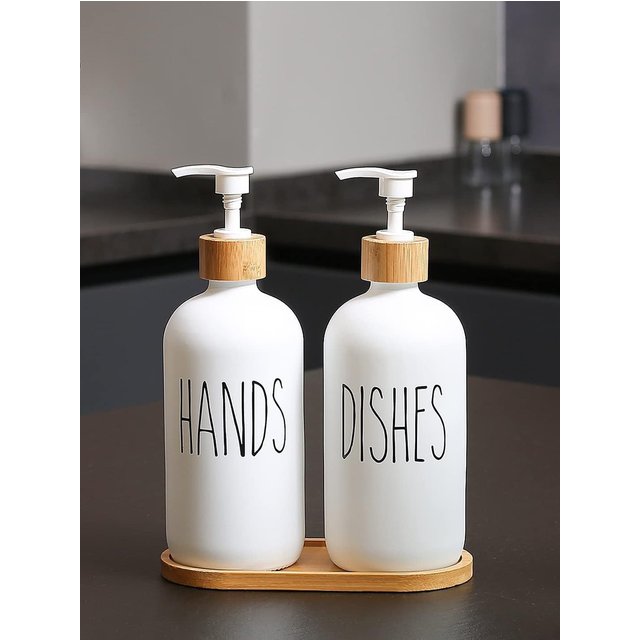 Glass Soap Dispenser Set, Hand Soap and Dish Soap Dispenser with Bamboo Tray, Vintage Soap Dispenser for Kitchen and Bathroom