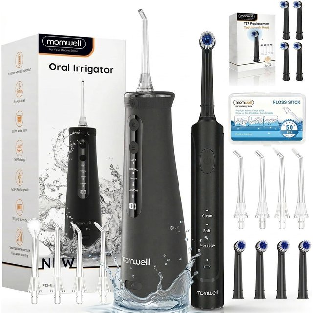Electric Toothbrush with Water Flosser Combo in One - Sonic Flossing Toothbrushes for Teeth Cleaning-4 Modes & 4 Brush Heads