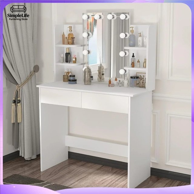 Style Dressing Table with LED Lights Mirror Cosmetic Desk Featuring Two Drawers and Four Open Shelves