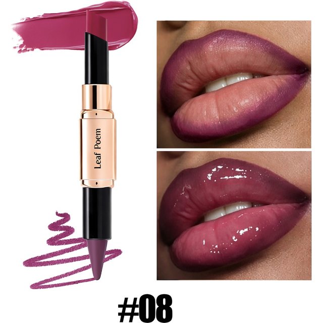 Dual-Ended 2-in-1 Lip Liner Lipstick, Waterproof Matte & Satin Finish, Slanted Tip Moisturizing Lip Pencil, Long Lasting
