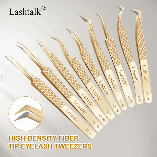 Lashtalk Precision Fiber Tip Tweezer Eyelash Extensions Diamond Grip Anti-Slip Premium Gold Stainless Steel Makeup With Box Pack