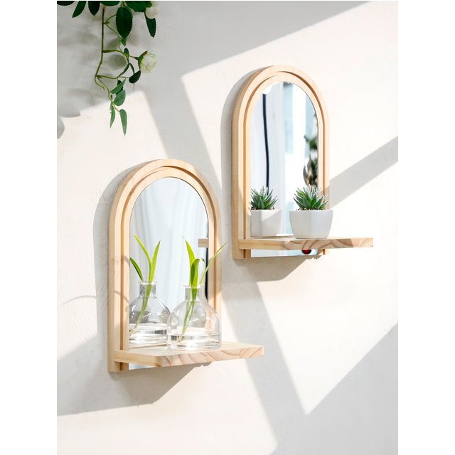 Arched Wall Mirror with Shelf, Natural Wood Hanging Mirror for Storage, Boho Decor for Makeup&Plant, Bathroom&Bedroom Wall Decor
