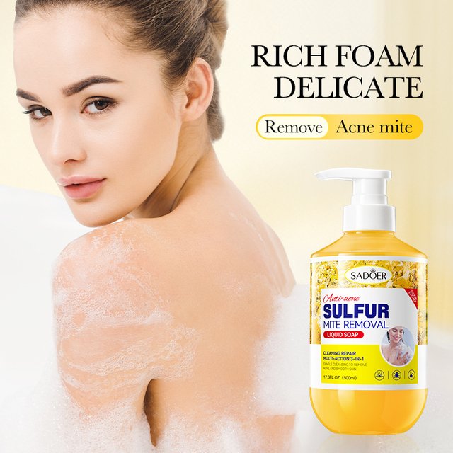 Gel Douche Anti-Acariens au Soufre 500ml – Nettoyage Profond, Contrôle du Sébum, Anti-Acné, Apaisant et Réparateur pour le Corps – Soin de la Peau pour Femmes et Hommes