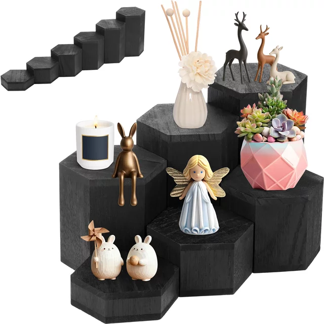 6 supports hexagonaux en bois pour l'affichage de bijoux et d'accessoires, présentoir hexagonal vintage pour figurines, parfums et objets de collection