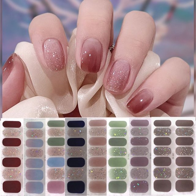 INS Trendy Gel Nail Stickers Foil Glittering Gel Nail Polish Strips Self-Adhesive Gel Full Nail Wraps Nail Art Stickers