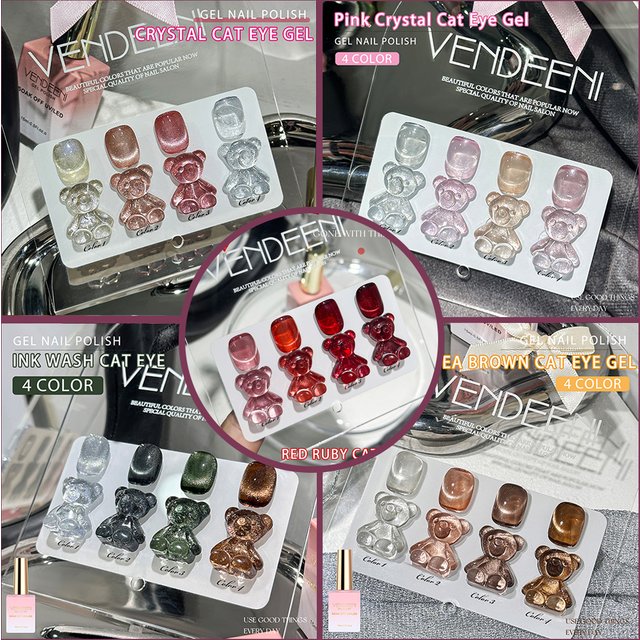 Vendeeni 4 Colors Pink Red Crystal Cat Eye Gel Nail Polish Set Magnetic UV Soak Off Gel Varnish Brown Cat Eye Gel With Display