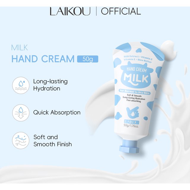LAIKOU Milk Hand Cream Intensive Hydration Fast-Absorbing Smoothing Repair Dry Cracked Skin Vitamin C Enriched