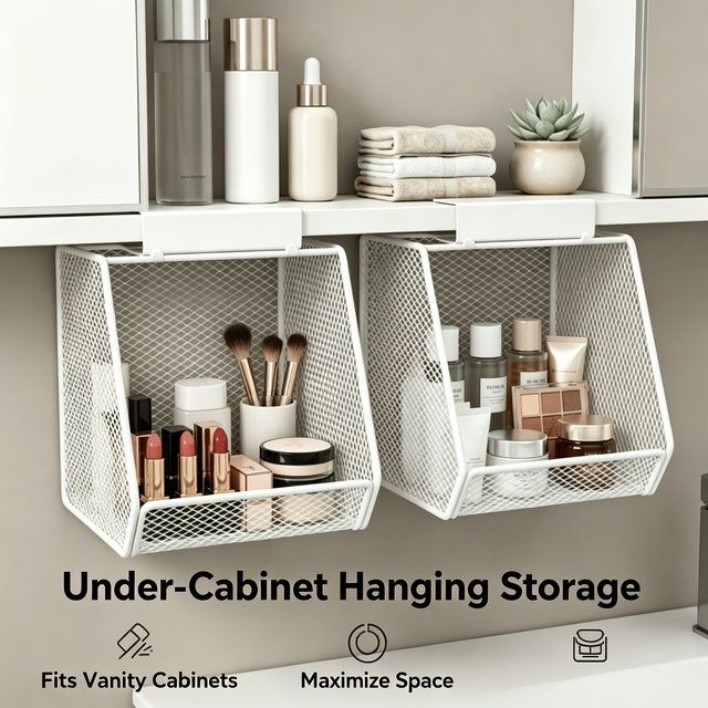 Under Sink Storage Basket Metal Mesh Hanging Basket Drill Free Rust Proof Drainage Bathroom Skincare Organizer Space Saving Rack