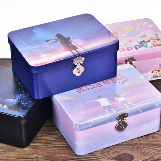 Vintage Large Capacity Tinplate Box with Lock Key Desktop Jewelry Storage Case Metal Box Makeup Box High Quality