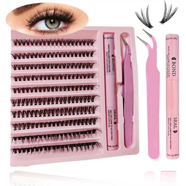 1Set DIY Clusters Lash Kit Full Set 8-16mm Mix Bond&Seal Tweezers Lash for Self Application Makeup Individual Eyelash Extensions
