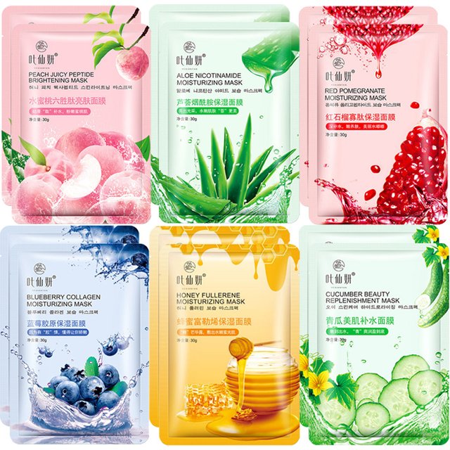 12 Pieces Blueberry Facial Masks Aloe Cucumber Peach Fresh Fruit Moisturizing Face Mask Sheets for Beauty Facial Skin Care