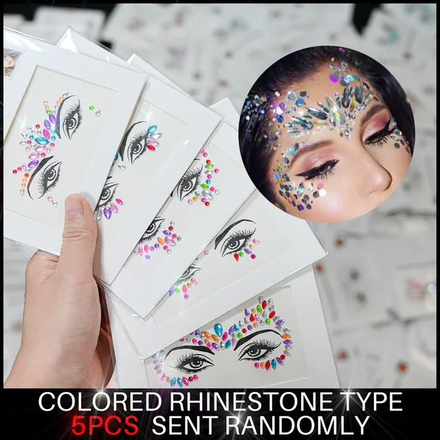5Pcs Random Colorful Rhinestones Face Tattoo Sticker Women Glitter Diamond Temporary Stickers DIY Party Makeup