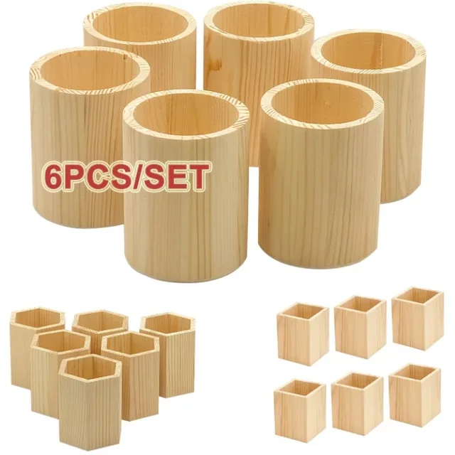 6PCS Wood Pen Holder Desk DIY Pencil Cup Makeup Brush Holder Desktop Organizer Storage Case Stationery for School Office Supply