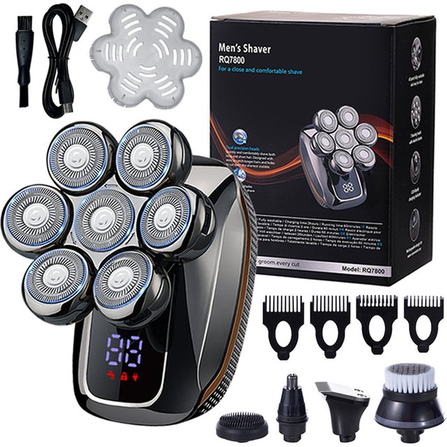 Floating 7-Blade 5-in-1 Electric Shaver for men Rechargeable Nose Hair Trimmer Facial Cleaning Massager Bald Head Beard Razor