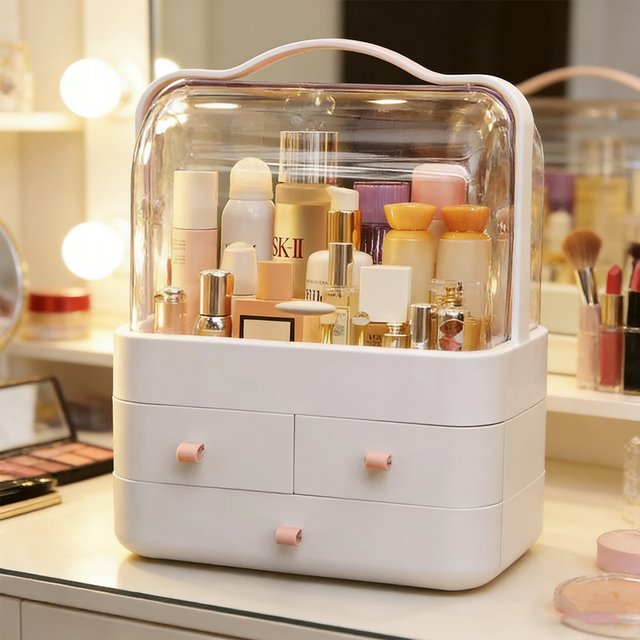 Dustproof Makeup Storage Box Cosmetic Organizer with Drawers Desktop Vanity Tray for Lipstick Mask Jewelry
