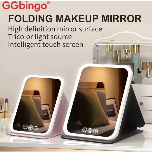 GGbingo USB Rechargeable Vanity Mirror with Touch 3 Color LED Lights Dimming Portable Folding Makeup Mirror for Home Travel