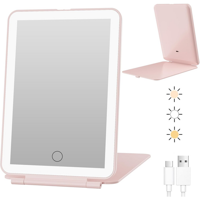 LED Foldable Travel Makeup Mirror 3 Colors Light Modes USB Rechargeable Touch Screen Portable Tabletop Cosmetic Mirror Handheld