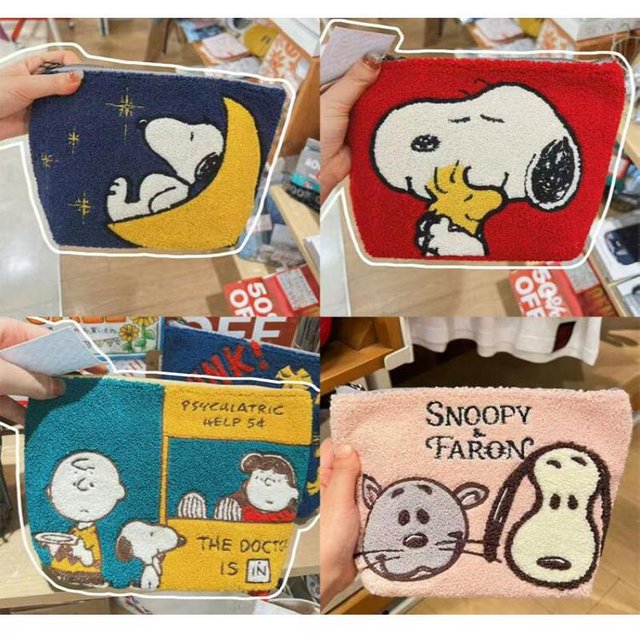 Miniso Snoopy Embroidery Bag Cartoon Snoopy Plush Makeup Bag Cute Student Stationery Pen Bag Large Capacity Tissue Storage Bag