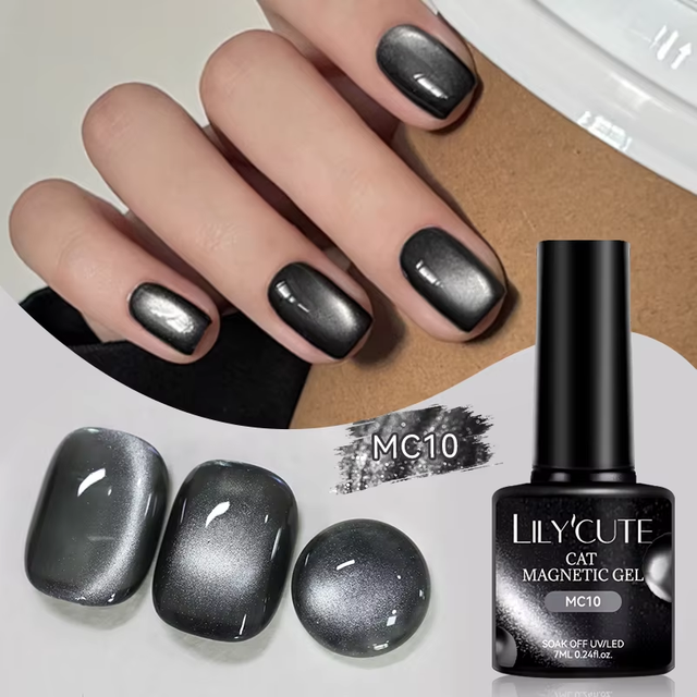 LILYCUTE 7ml Pure Polor Black Glass Cat Magnetic Gel Nail Polish Glitter Punk Style Magnetic Gel UV/LED Soak Off Varnish Design