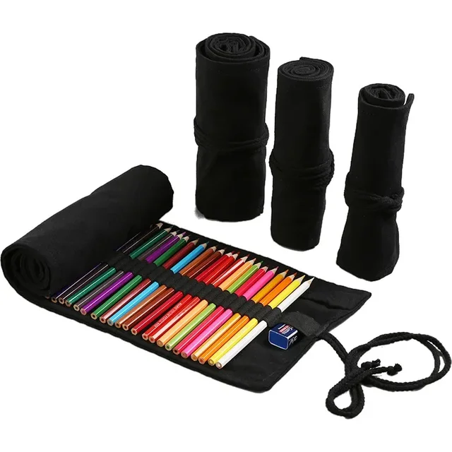 Canvas Roll Up Pen Curtain Case Pencil Bag Makeup Wrap Holder Storage Pouch School Supplies