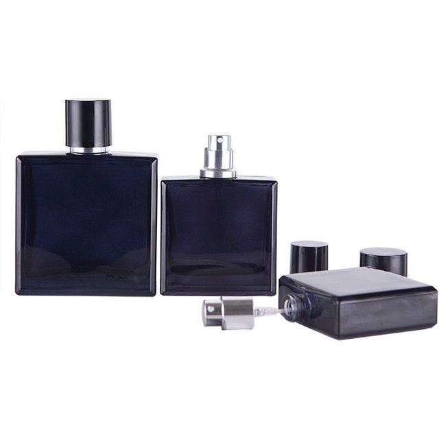 Flcopropriété vaporisateur de parfum en verre, 30/50ml, bleu foncé, transparent, plat, carré, contenant cosmétique, quotidien, pour voyage, atomiseur portable