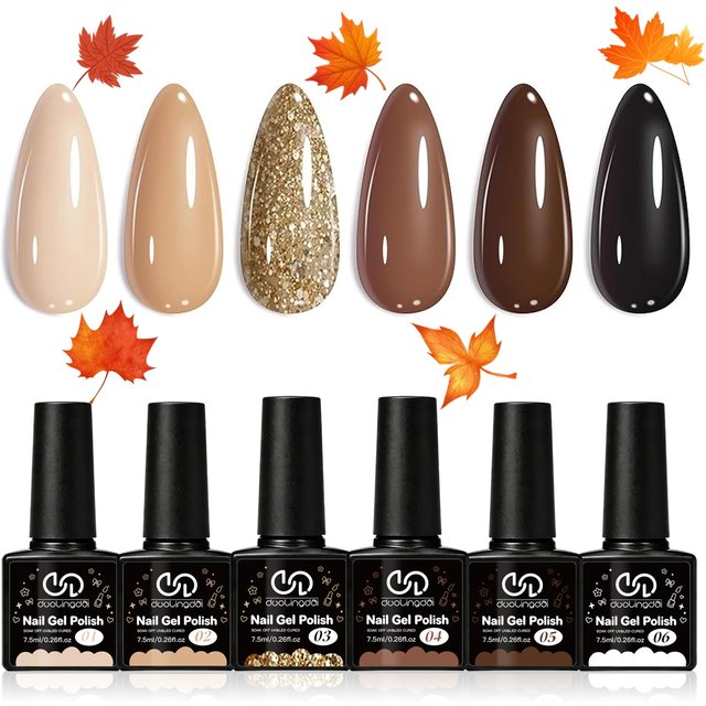 6Pcs Fall Coffee Brown Gel Nail Polish Set, Nude Mocha Gold Glitter Black Gel Kit for Autumn Thanksgiving DIY Salon Manicure