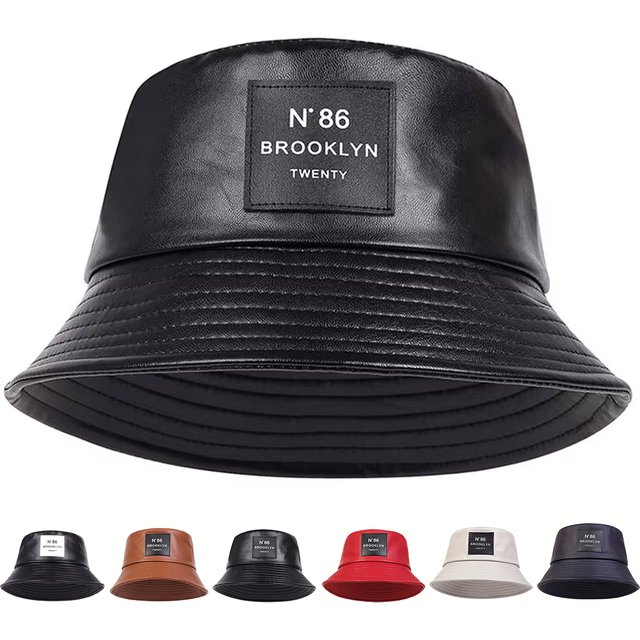 Unisex N86 Label Personality Pu Leather Bucket Hats Fishermen Caps Outdoor Casual Cap Sunscreen Hat