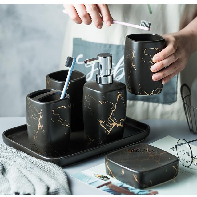 Black marble ceramic bathroom accessories set soap dispenser / toothbrush holder box tray household supplies