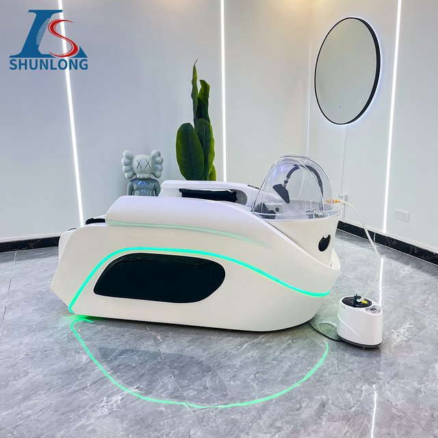 Electric Head Spa Shampoo Bed White Shell Black Panel Warm LED Light Water Circulation Hair Washing Chair for Hair Salon