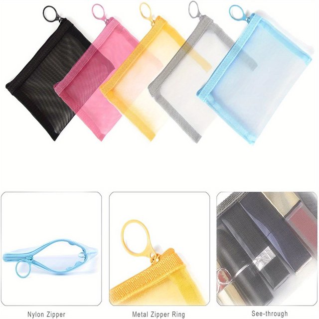5pcs/pack Mini Zipper Mesh Bags, 4" X 5", Beauty Makeup Lipstick Cosmetic Accessories Organizer, Small Travel Kit Storage Pouch