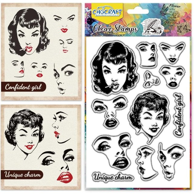 Female Face Clear Stamps Facial Expressions Transparent Stamps Retro Feel Silicone Clear Stamp Seals for Carding Making DIY
