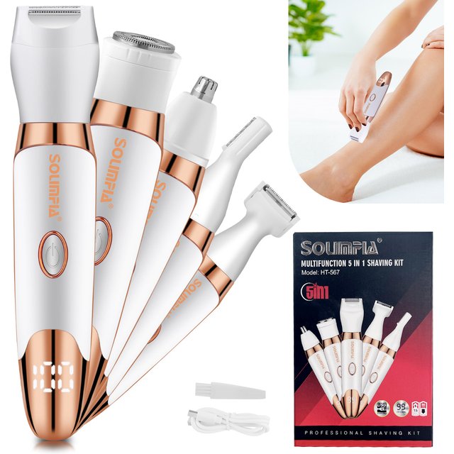 Solimpia 5-in-1 Electric Hair Removal Device Rechargeable Body Nose Hair Trimmer Eyebrow Grooming Kit for Woman
