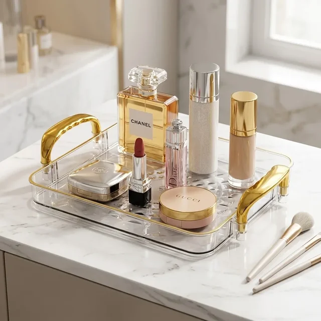 Clear Plastic Vanity Tray with Handles Perfume Makeup Organizer Skincare Cosmetics Storage Box Bathroom Counter Accessories