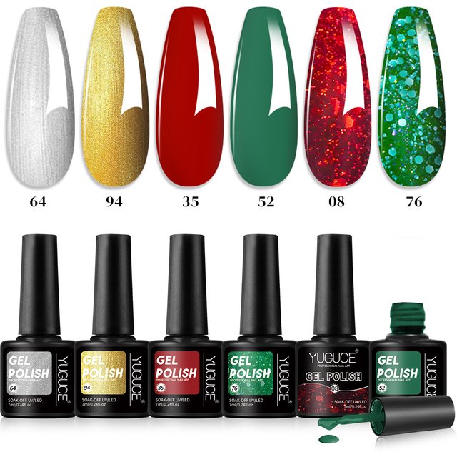 6-color Christmas nail polish set, removable UV LED gel nail polish, red, green, gold, and silver glitter nail polish, suitable for holiday DIY manicures