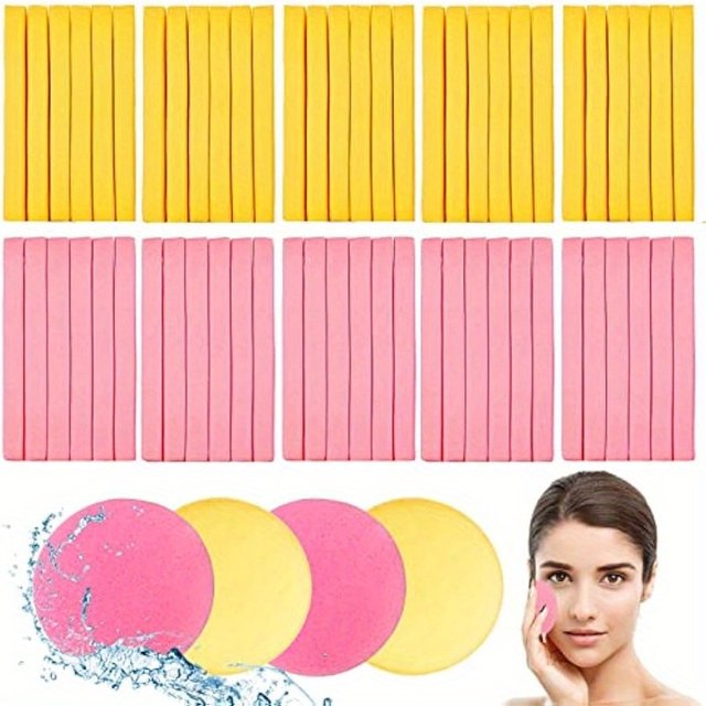 120pcs Compressed Facial Sponges Pink & Yellow, Soft Latex-Free Cleansing Pads, High Absorbent for Makeup Removal & Exfoliation
