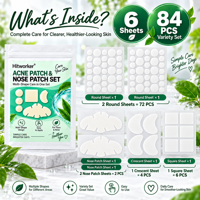 84PCS Hydrocolloid Pimple Patch & Nose Patch Set Multi Shape Round Square Crescent Face Patches Ultra Thin Daily Skin Care