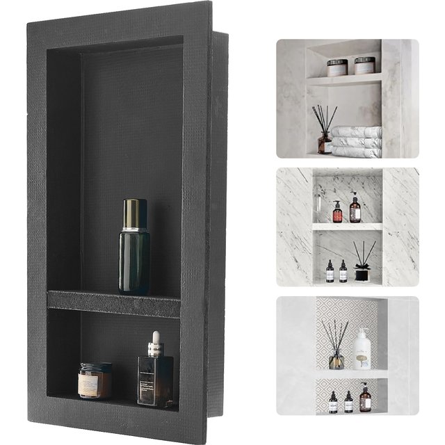 SucceBuy Shower Niche with Movable Divider Shelf Modern Soap &Shampoo Storage Organizer Square Corners Black for Bathroom Shower