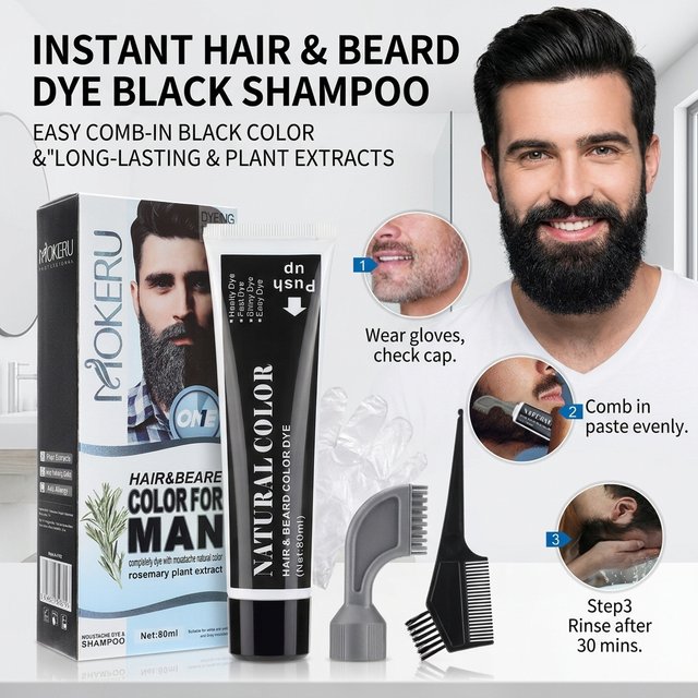 Hair Dye Shampoo, Beard and Hair Black Coloring Cream with Rosemary Extract 80ml for Home Grooming Men