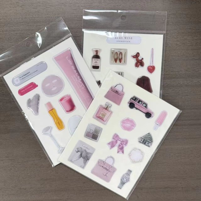 Pink-Themed Sticker Pack for Girls with a Rich Girl Vibe, Featuring Skincare Products, Lipsticks, Luxury Cars, Watches, and Bow Designs. DIY Decorative Resin Stickers