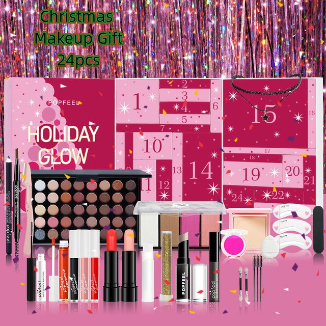 Christmas Countdown Makeup Set 24pcs Lipstick Blush Eye Shadow Cosmetics Holiday Beauty Advent Calendar Gift Box for women Girls