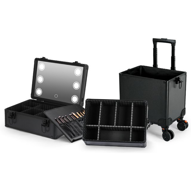 Professional Metal Makeup Case USB Powered LED Lights,3 Trays, Durable Cosmetic Train Table with Rolling Wheels and Mirror