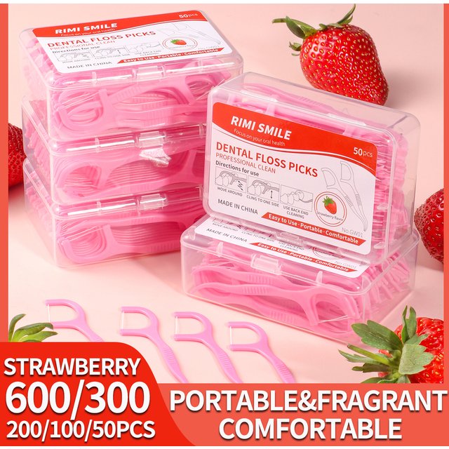 Strawberry Flavored Dental Floss Picks - Fresh Mouth High Aesthetic Pink Disposable Oral Care 600/300/200/100/50 Pcs Boxed