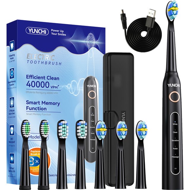 YUNCHi Y5 Rechargeable Sonic Toothbrush Smart Timer 5 Mode Electric Toothbrushes for Adults Kids 8 Brush Heads 1 Travel Box