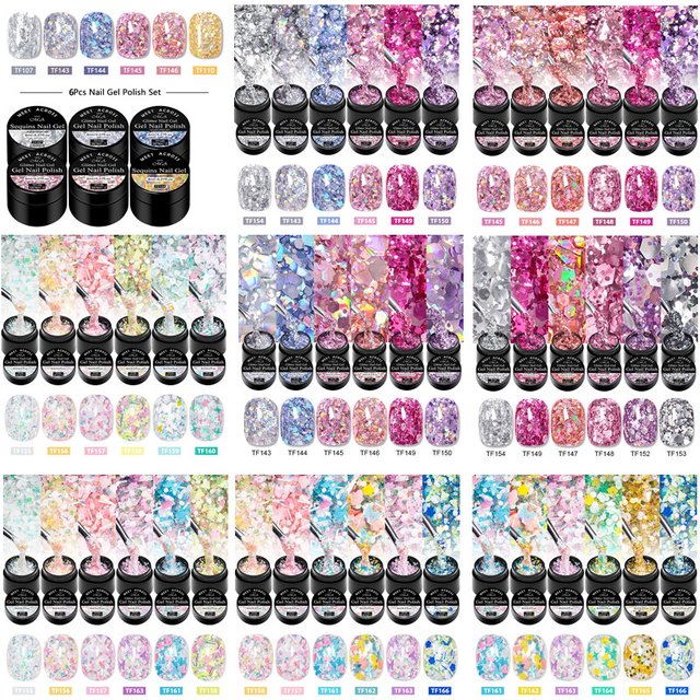 6pcs Glitter Sequins Gel Nail Polish Set Pink Silver Laser Semi Permanent Soak Off UV Gel Varnish Decoration Nail Supplies DIY