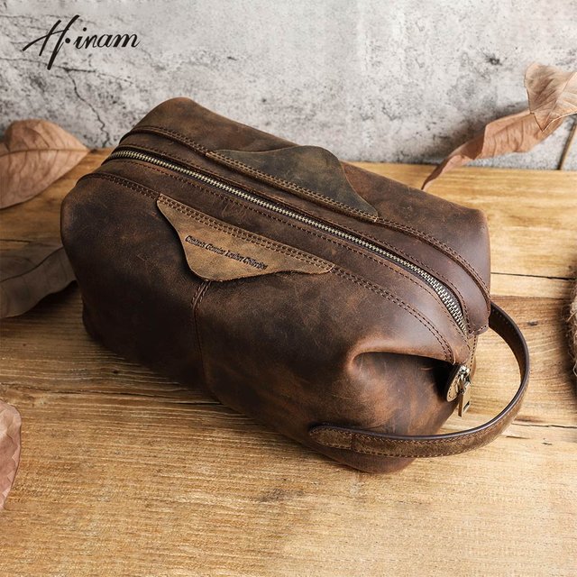 Luxury Brand Cosmetic Bag Men Crazy Horse Leather Large capacity Toiletry Bag Travel Portable Storage Wash Organizer Makeup Bag