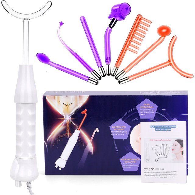 Machine faciale haute fréquence 7 en 1, électrothérapie, Tube en verre, baguette d'électrode, thérapie de beauté, dissolvant de taches d'acné gonflées et de rides
