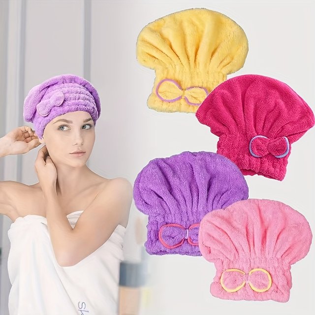 1pc Hair Dryer Cap with Bowknot Coral Fleece Super Absorbent Quick-Dry Towel Shower Cap